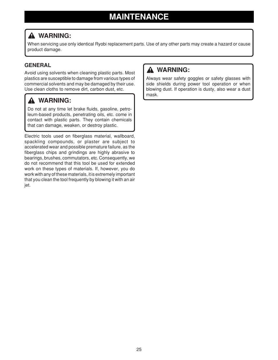 Maintenance | Ryobi TS1550 User Manual | Page 25 / 26