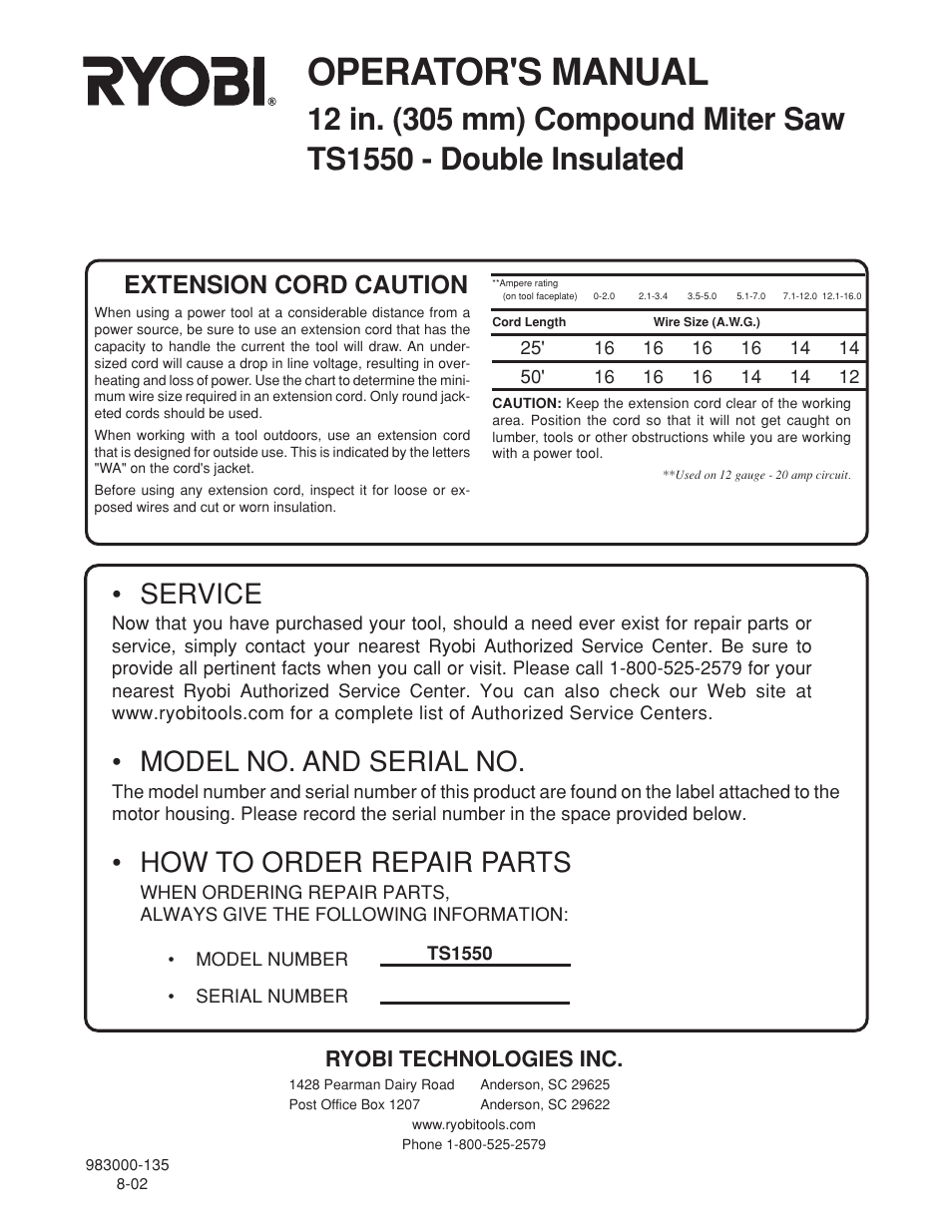 Operator's manual, Service, Model no. and serial no | How to order repair parts, Extension cord caution, Ryobi technologies inc | Ryobi TS1550 User Manual | Page 26 / 26