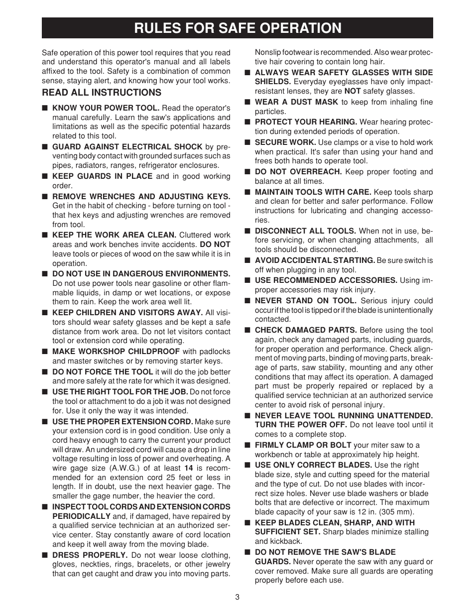 Rules for safe operation | Ryobi TS1550 User Manual | Page 3 / 26