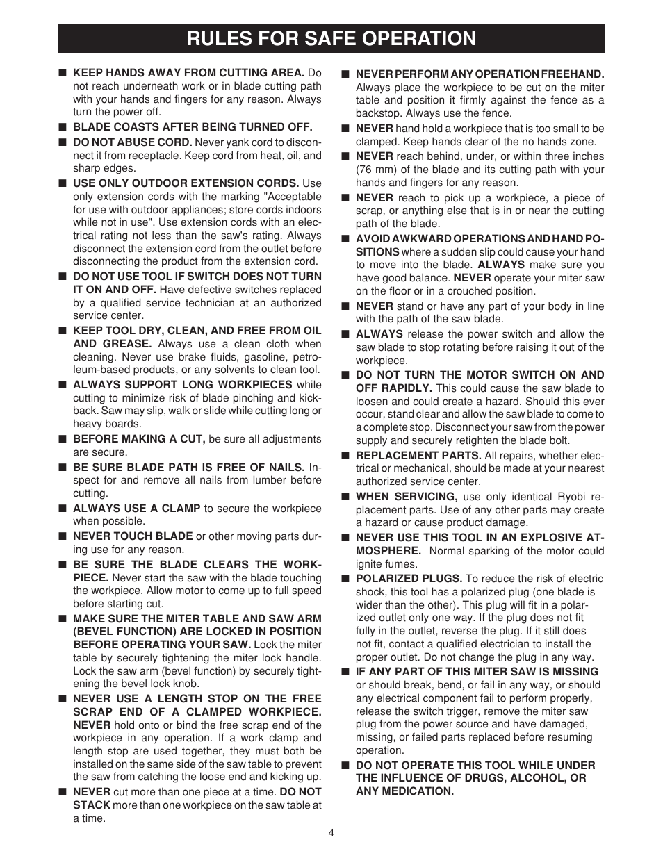 Rules for safe operation | Ryobi TS1550 User Manual | Page 4 / 26