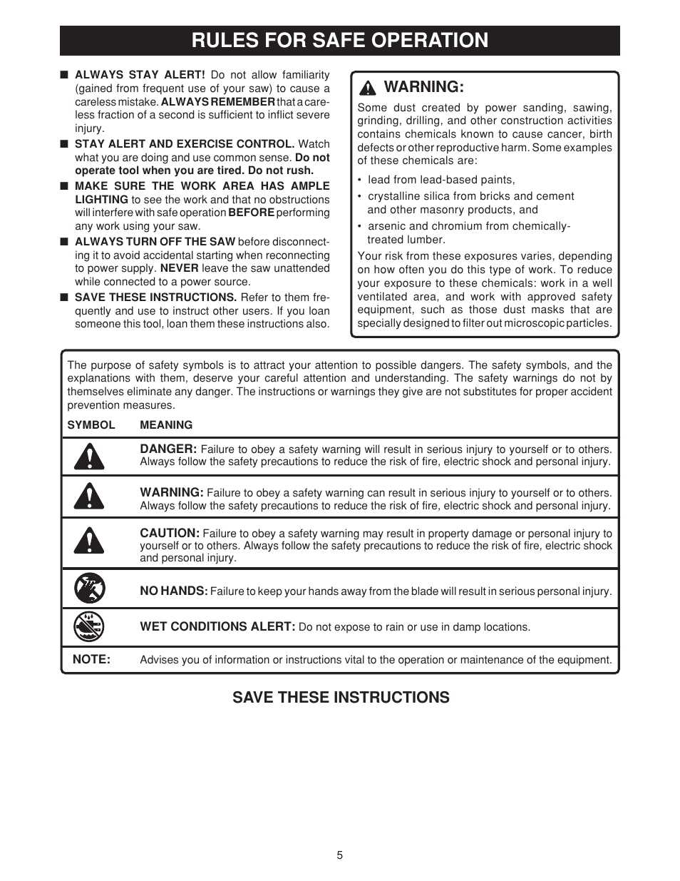 Rules for safe operation, Warning, Save these instructions | Ryobi TS1550 User Manual | Page 5 / 26