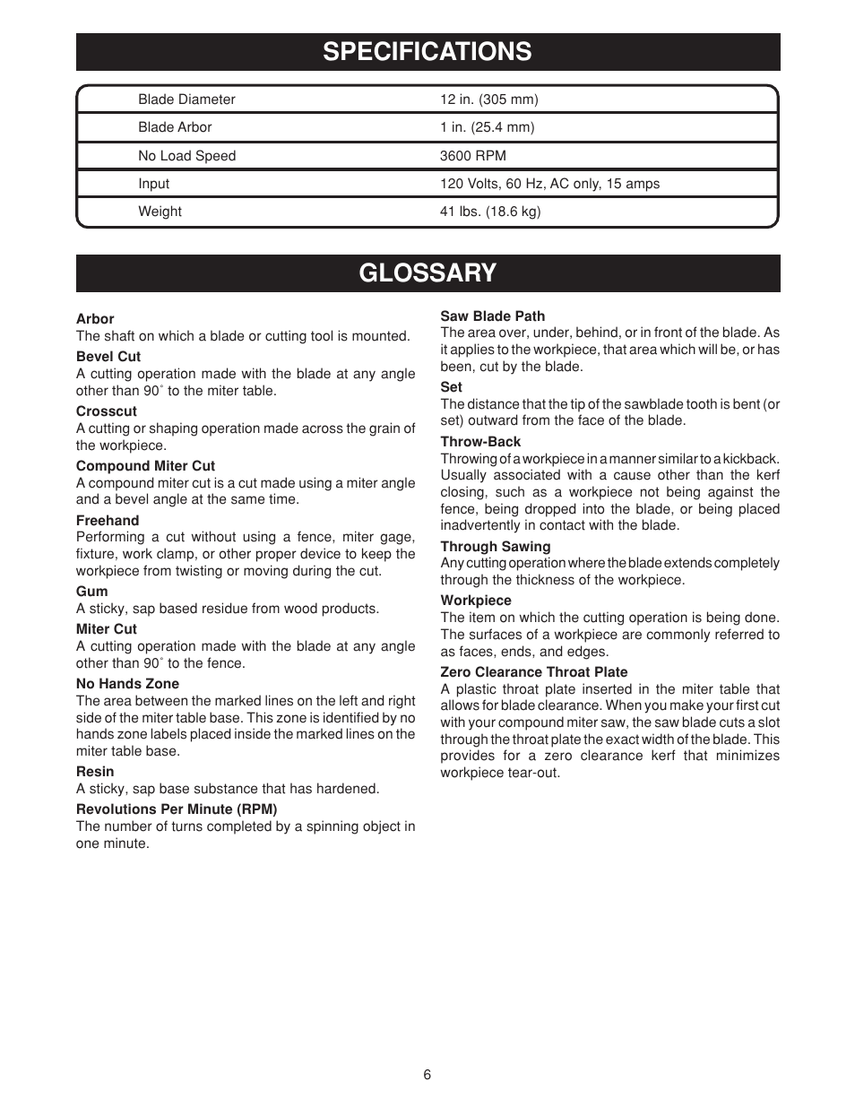 Specifications, Glossary | Ryobi TS1550 User Manual | Page 6 / 26