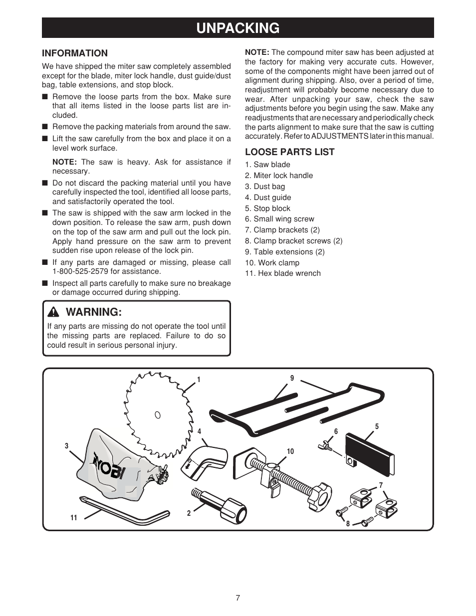 Unpacking, Warning | Ryobi TS1550 User Manual | Page 7 / 26