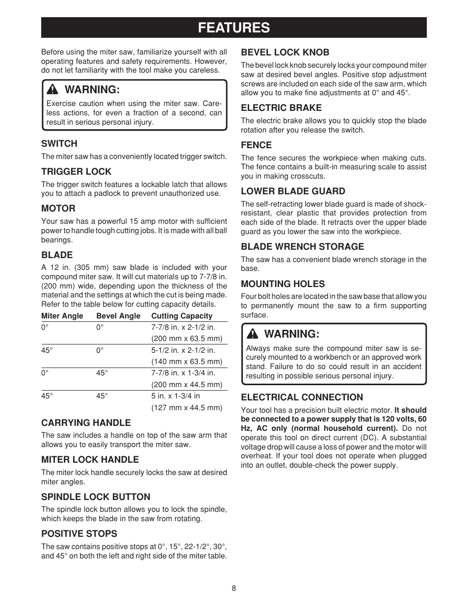 Features, Warning | Ryobi TS1550 User Manual | Page 8 / 26