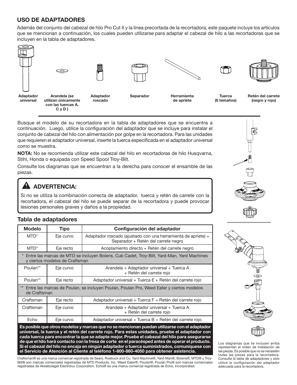 Uso de adaptadores, Advertencia, Tabla de adaptadores | Ryobi AC04141T User Manual | Page 6 / 6