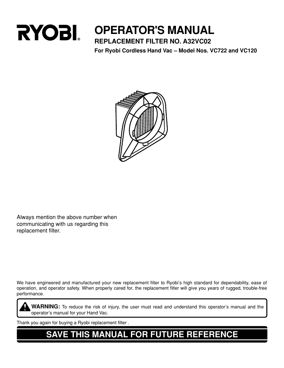 Ryobi VC722VC120 User Manual | 2 pages