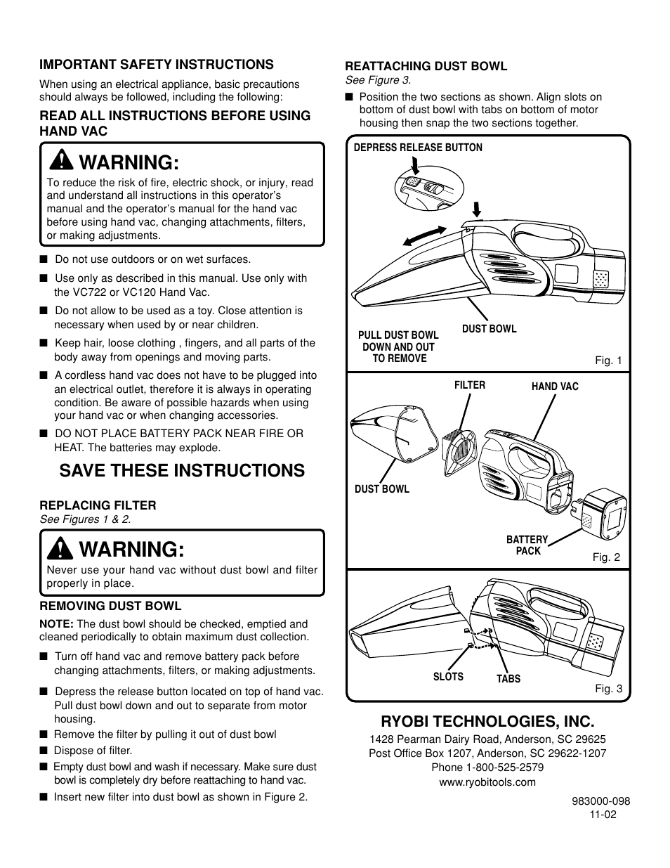 Warning, Save these instructions, Ryobi technologies, inc | Ryobi VC722VC120 User Manual | Page 2 / 2