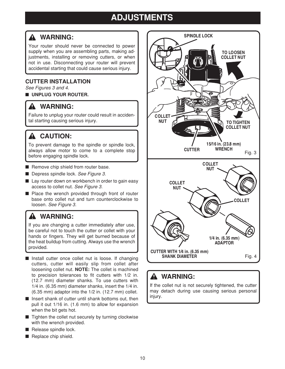 Adjustments, Warning, Caution | Ryobi RE180PL User Manual | Page 10 / 24