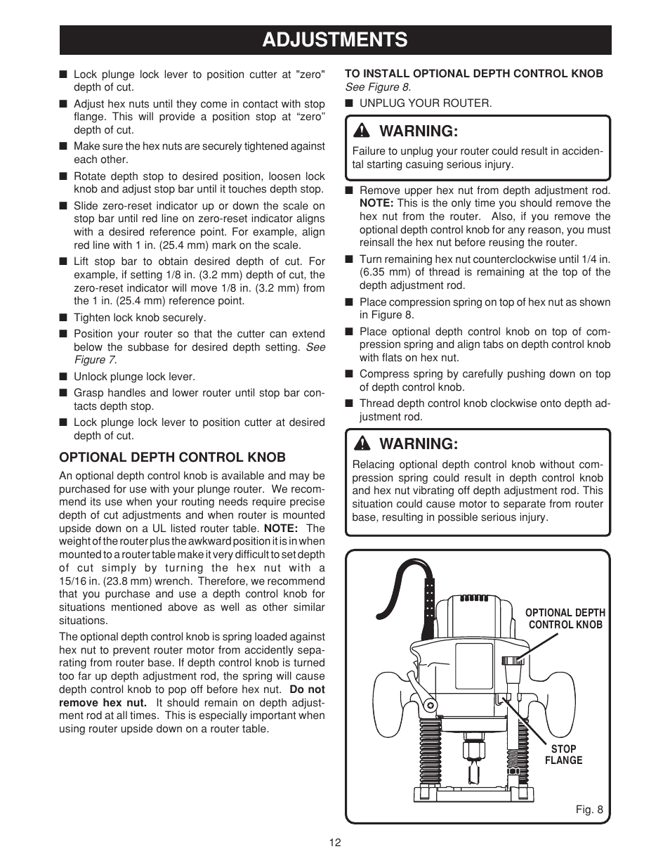 Adjustments, Warning | Ryobi RE180PL User Manual | Page 12 / 24