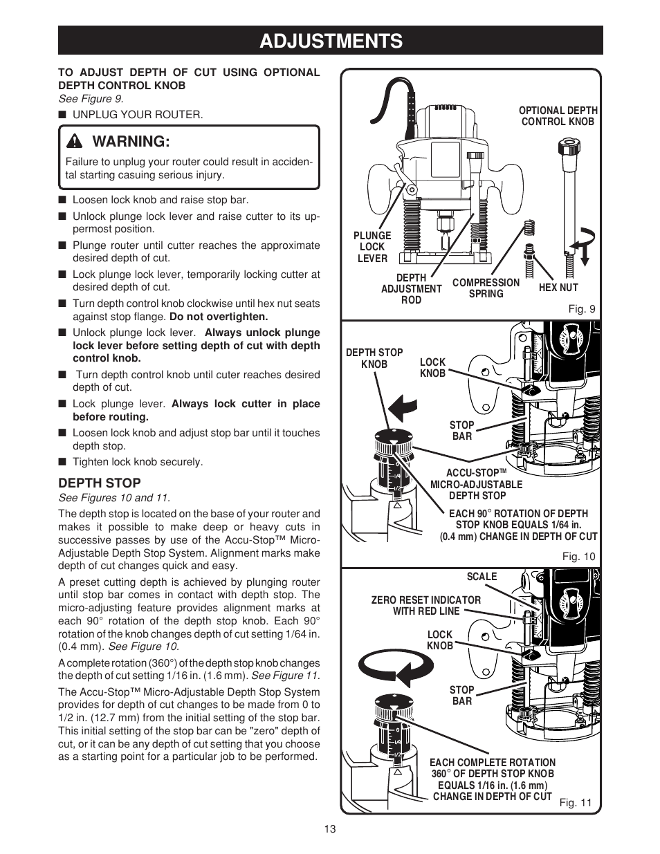 Adjustments, Warning | Ryobi RE180PL User Manual | Page 13 / 24