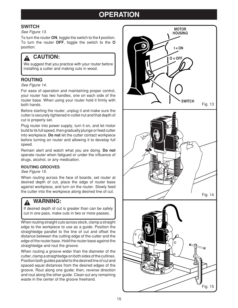 Operation, Caution, Warning | Ryobi RE180PL User Manual | Page 15 / 24