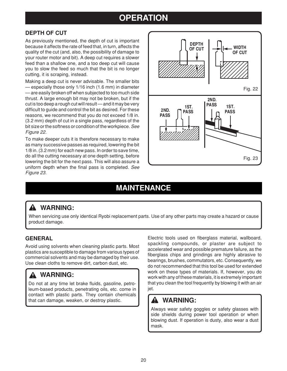 Operation, Maintenance, Warning | Ryobi RE180PL User Manual | Page 20 / 24