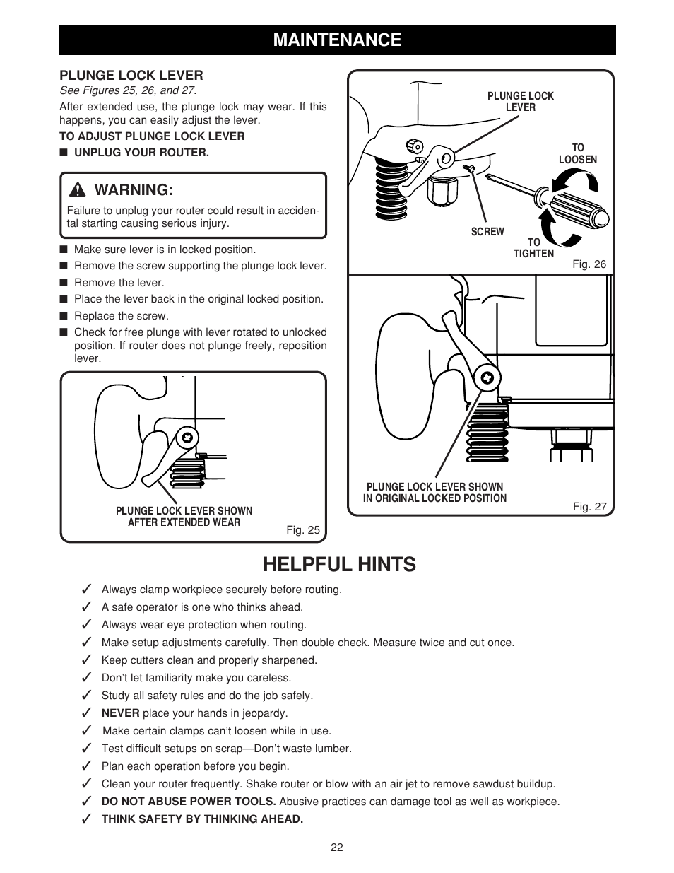 Helpful hints, Maintenance, Warning | Ryobi RE180PL User Manual | Page 22 / 24