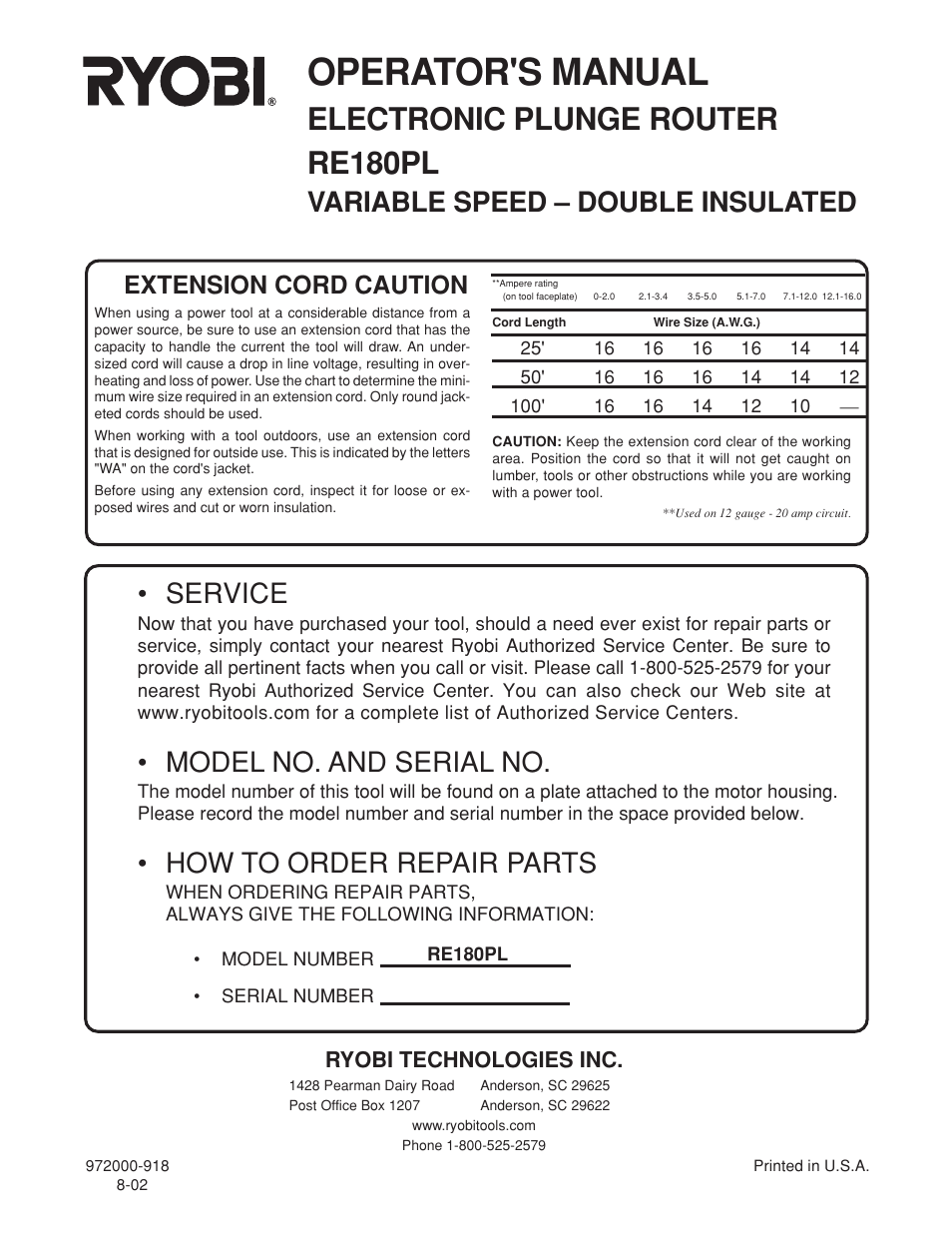 Operator's manual, Electronic plunge router re180pl, Variable speed – double insulated | Service, Model no. and serial no, How to order repair parts, Extension cord caution, Ryobi technologies inc | Ryobi RE180PL User Manual | Page 24 / 24