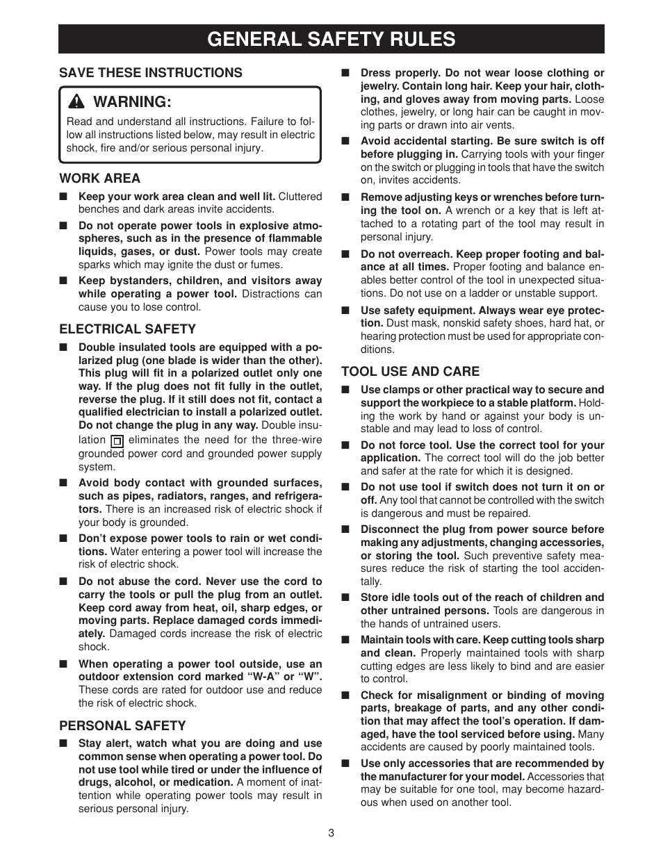 General safety rules, Warning | Ryobi RE180PL User Manual | Page 3 / 24