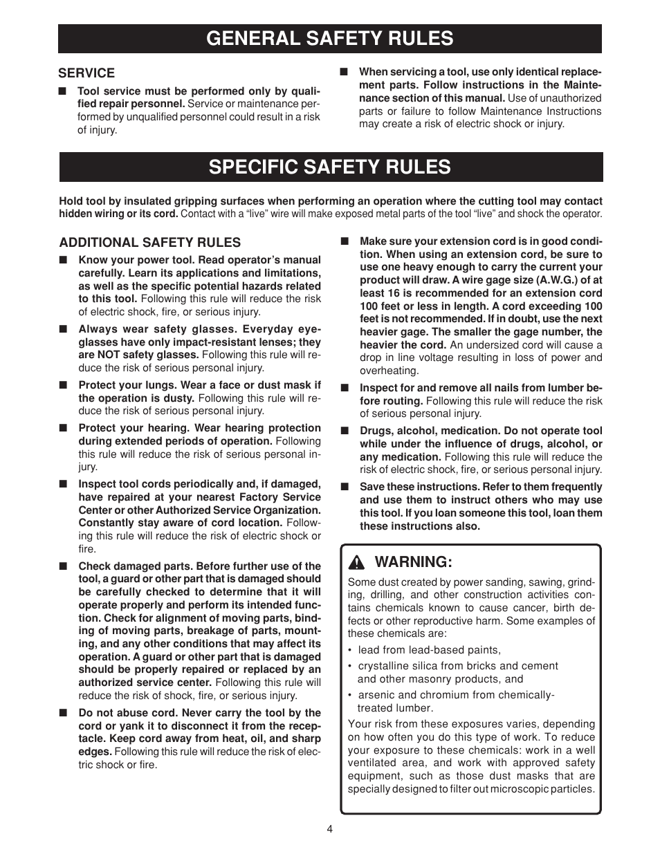 Specific safety rules, General safety rules, Warning | Ryobi RE180PL User Manual | Page 4 / 24