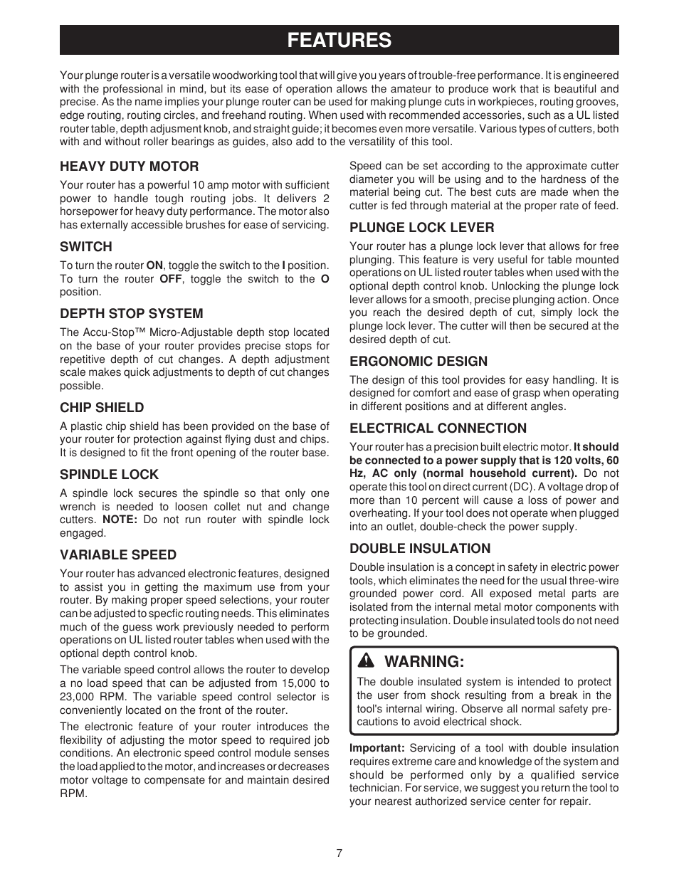 Features, Warning | Ryobi RE180PL User Manual | Page 7 / 24