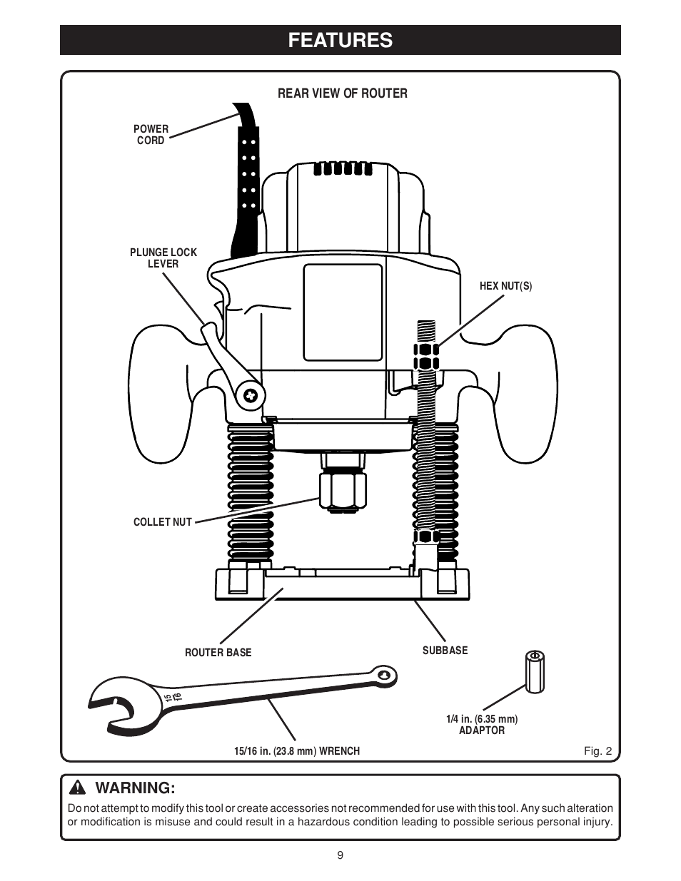 Features, Warning | Ryobi RE180PL User Manual | Page 9 / 24