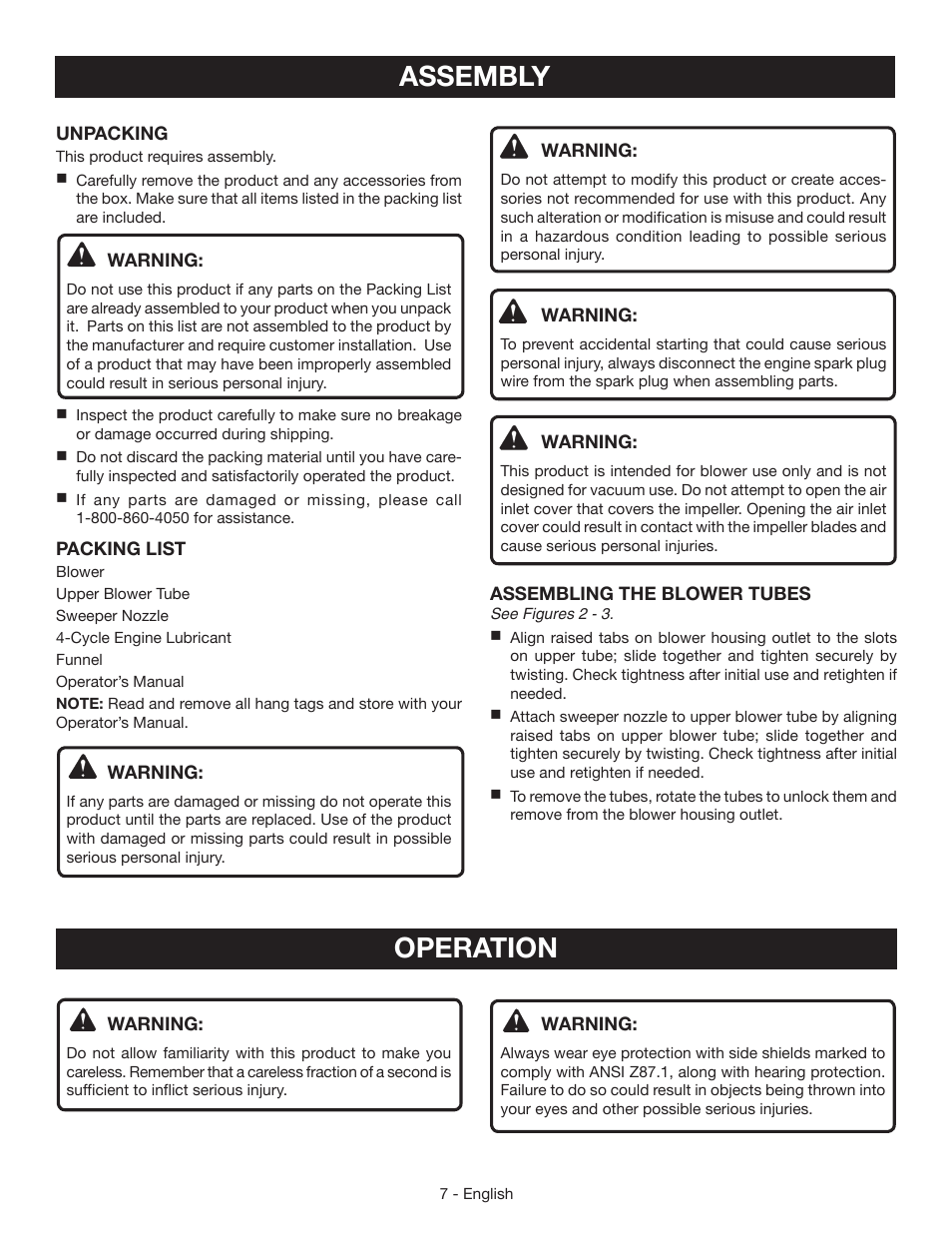 Assembly, Operation | Ryobi RY09460 User Manual | Page 11 / 48