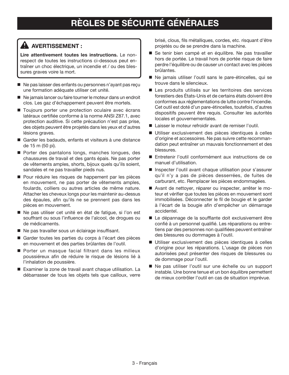 Règles de sécurité générales | Ryobi RY09460 User Manual | Page 20 / 48