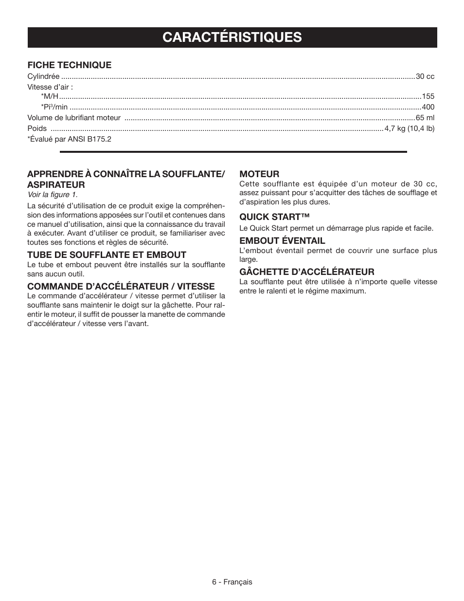 Caractéristiques | Ryobi RY09460 User Manual | Page 23 / 48