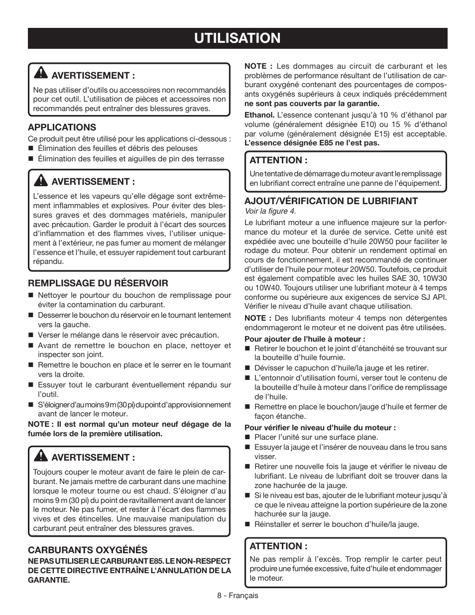 Utilisation | Ryobi RY09460 User Manual | Page 25 / 48