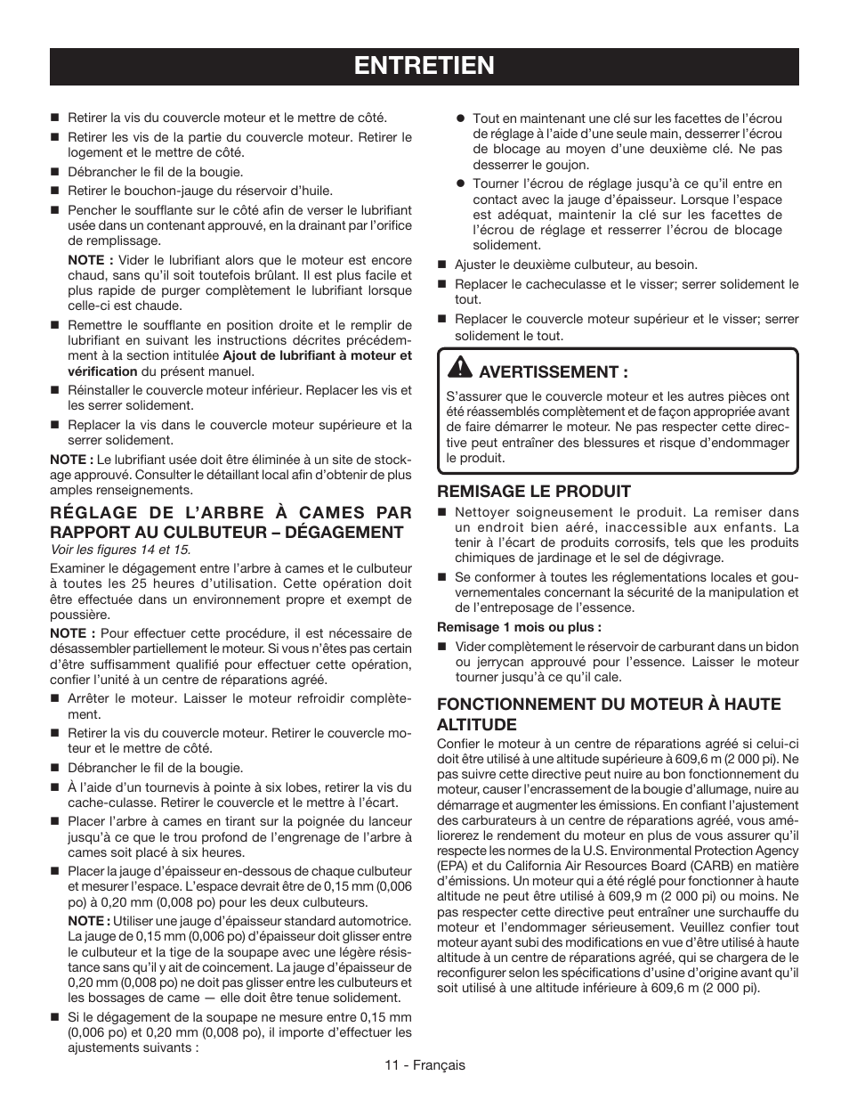 Entretien, Avertissement, Remisage le produit | Fonctionnement du moteur à haute altitude | Ryobi RY09460 User Manual | Page 28 / 48