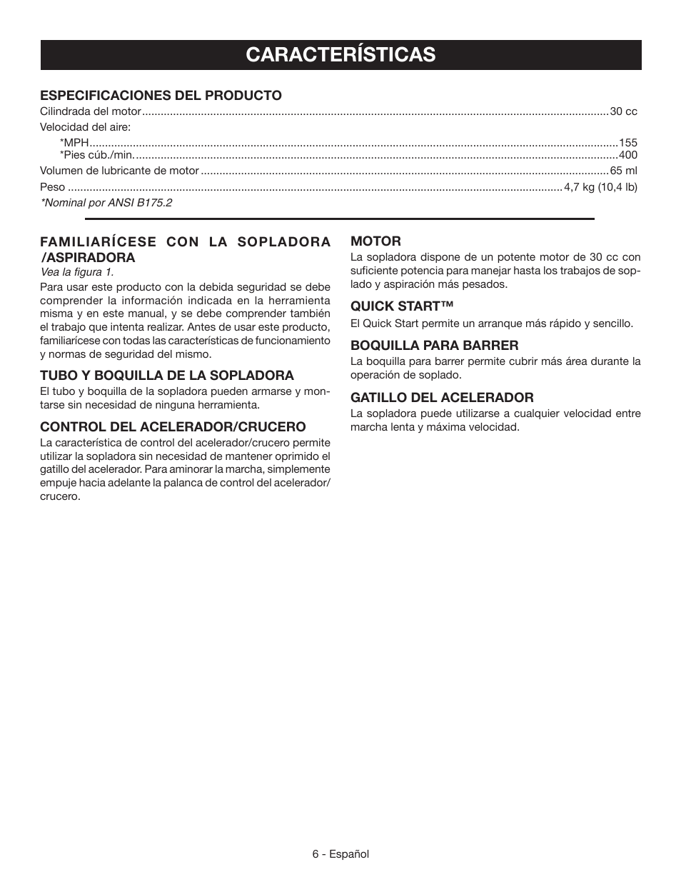 Características | Ryobi RY09460 User Manual | Page 36 / 48