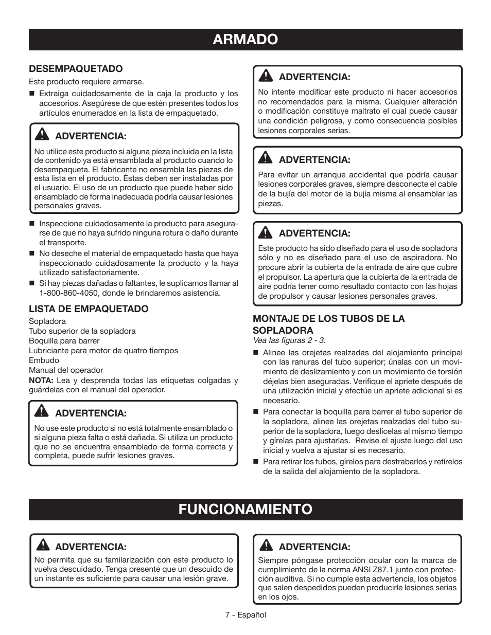 Armado, Funcionamiento | Ryobi RY09460 User Manual | Page 37 / 48