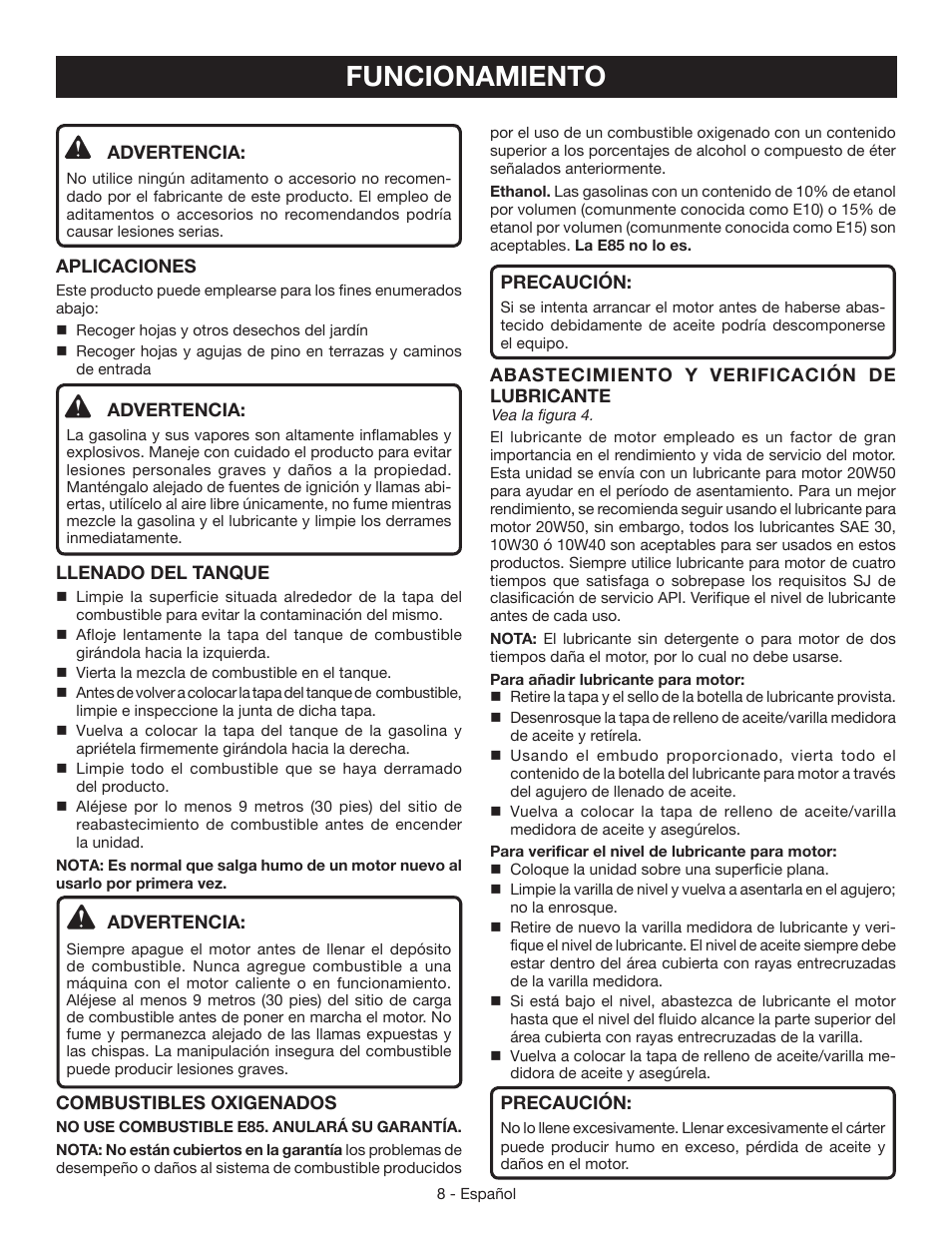 Funcionamiento | Ryobi RY09460 User Manual | Page 38 / 48
