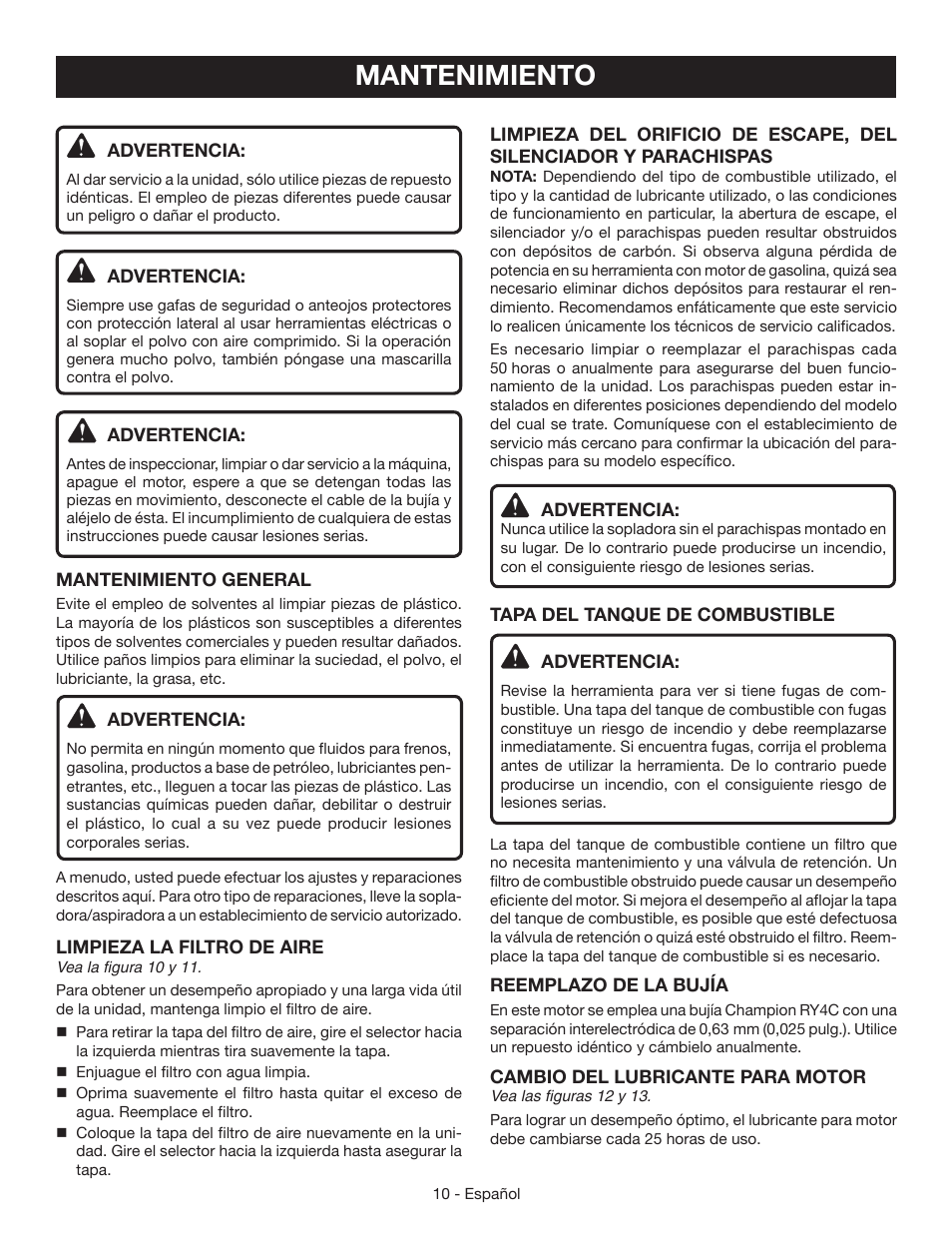 Mantenimiento | Ryobi RY09460 User Manual | Page 40 / 48