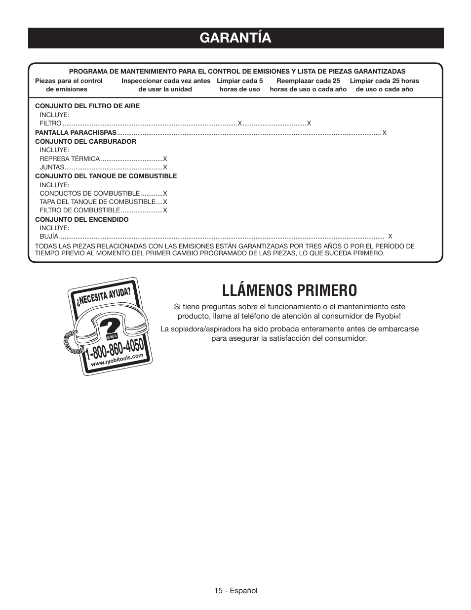 Llámenos primero, Garantía, Necesita a yuda | Ryobi RY09460 User Manual | Page 45 / 48
