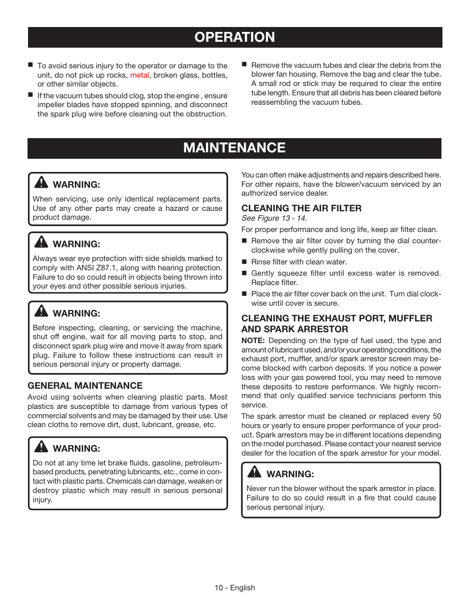 Operation, Maintenance | Ryobi RY09050 User Manual | Page 12 / 42