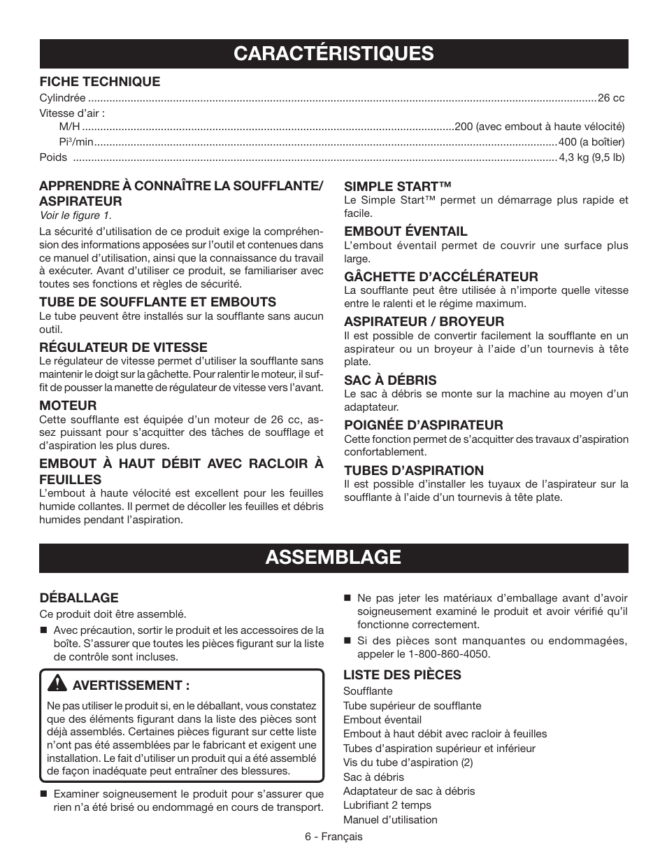 Caractéristiques, Assemblage | Ryobi RY09050 User Manual | Page 20 / 42
