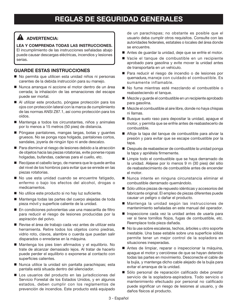 Reglas de seguridad generales | Ryobi RY09050 User Manual | Page 29 / 42