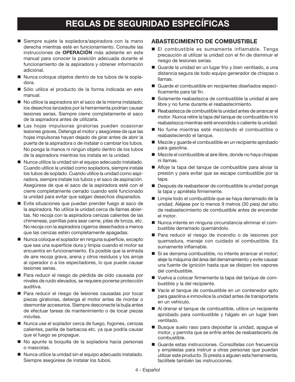 Reglas de seguridad específicas | Ryobi RY09050 User Manual | Page 30 / 42