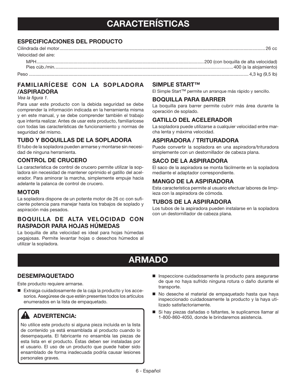 Características, Armado | Ryobi RY09050 User Manual | Page 32 / 42