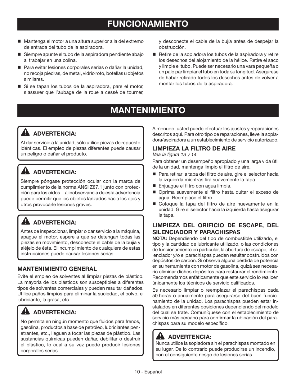 Mantenimiento, Funcionamiento | Ryobi RY09050 User Manual | Page 36 / 42