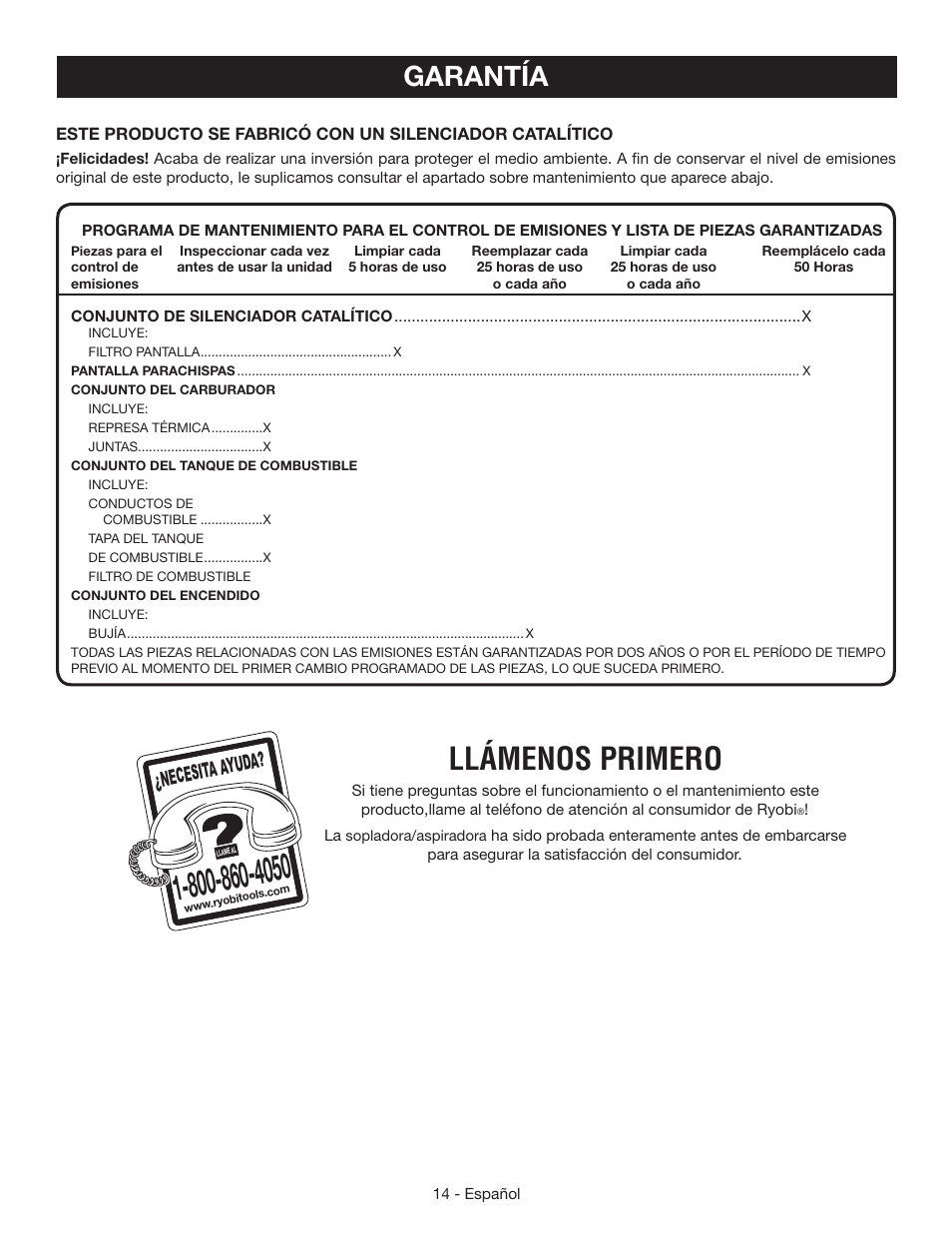 Llámenos primero, Garantía, Necesita a yuda | Ryobi RY09050 User Manual | Page 40 / 42