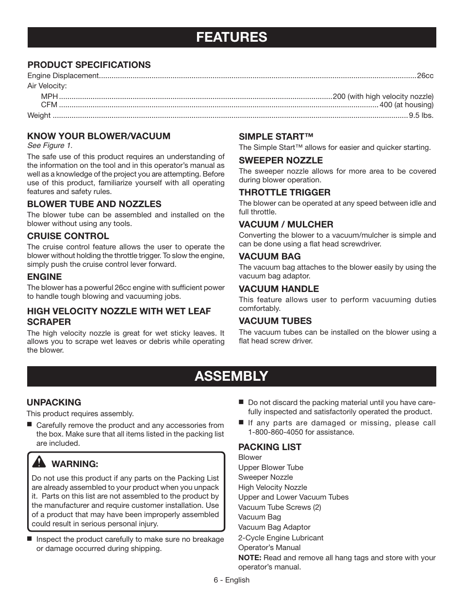 Features, Assembly | Ryobi RY09050 User Manual | Page 8 / 42
