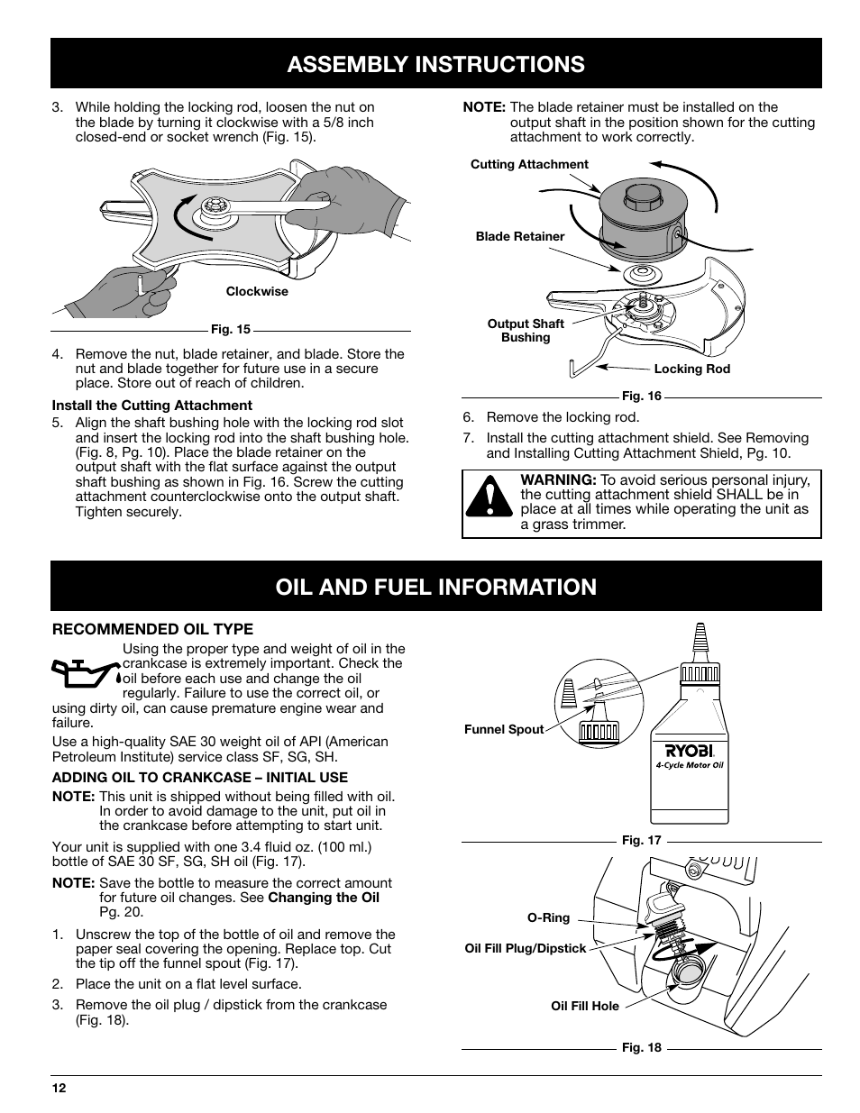 Oil and fuel information assembly instructions | Ryobi 890R User Manual | Page 12 / 30