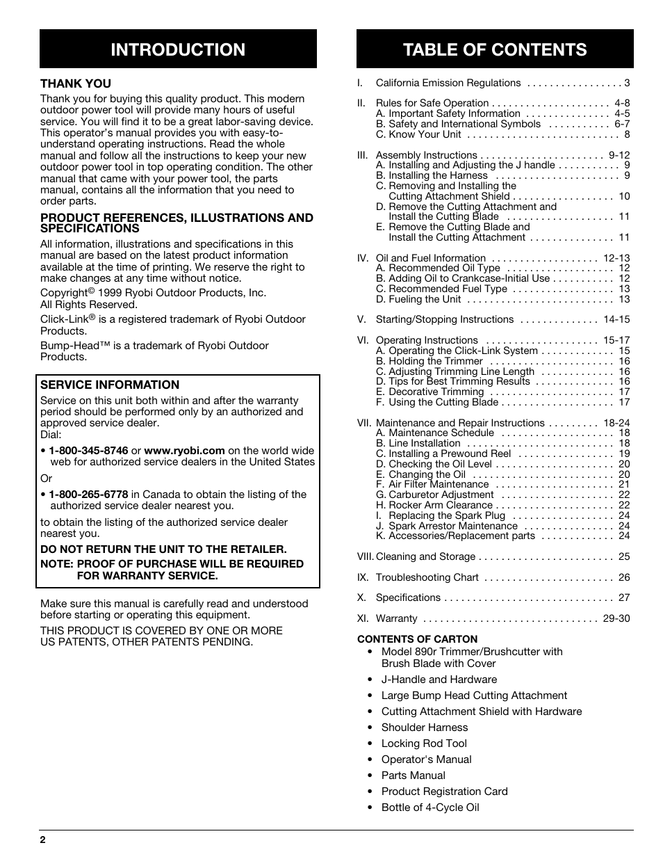 Introduction table of contents | Ryobi 890R User Manual | Page 2 / 30