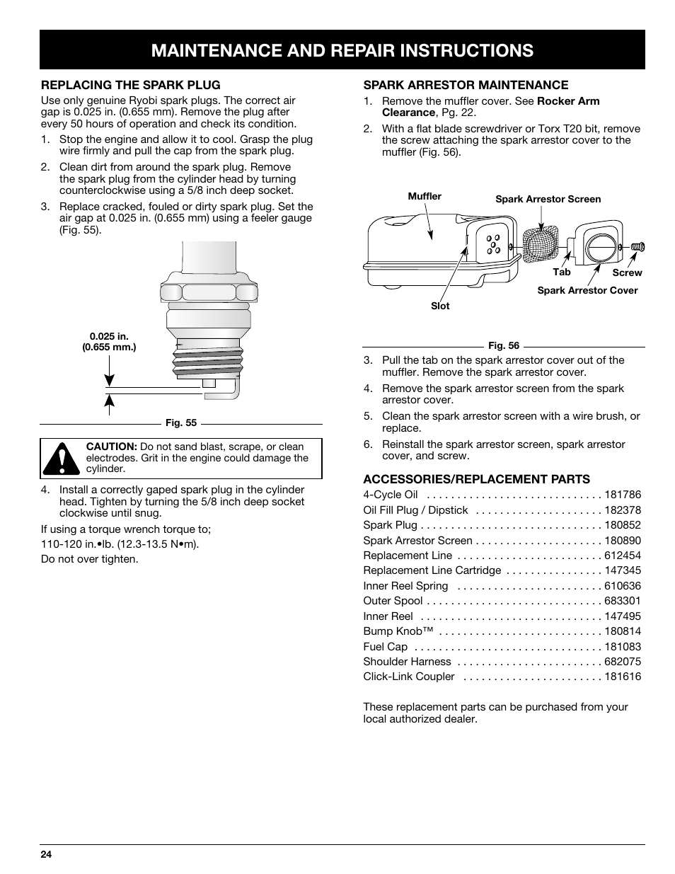 Maintenance and repair instructions | Ryobi 890R User Manual | Page 24 / 30