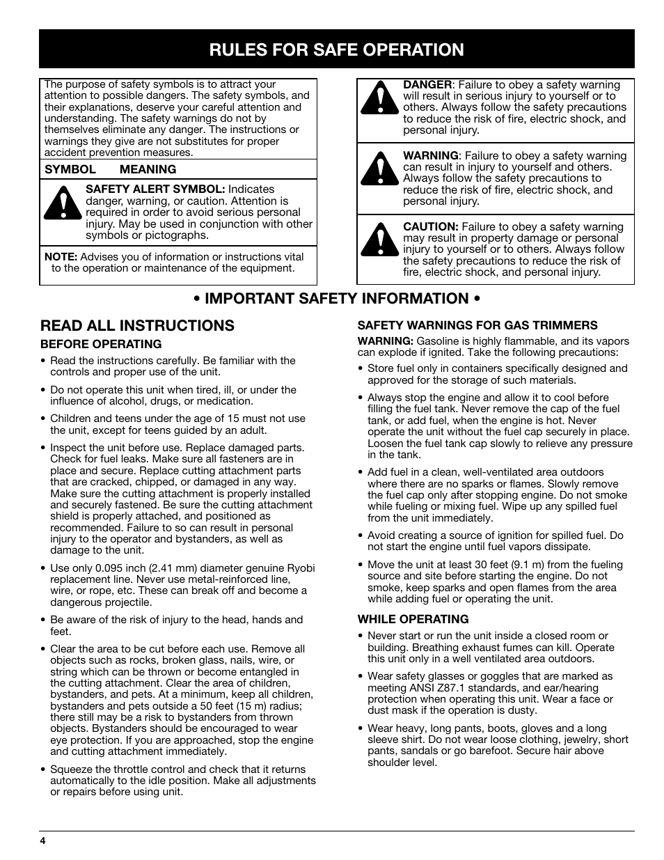 Rules for safe operation | Ryobi 890R User Manual | Page 4 / 30