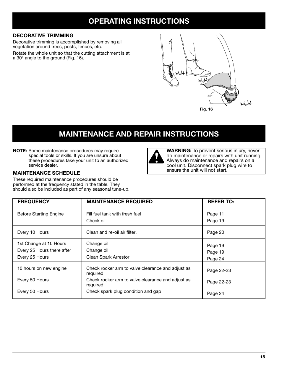 Operating instructions, Maintenance and repair instructions | Ryobi 825r User Manual | Page 15 / 30