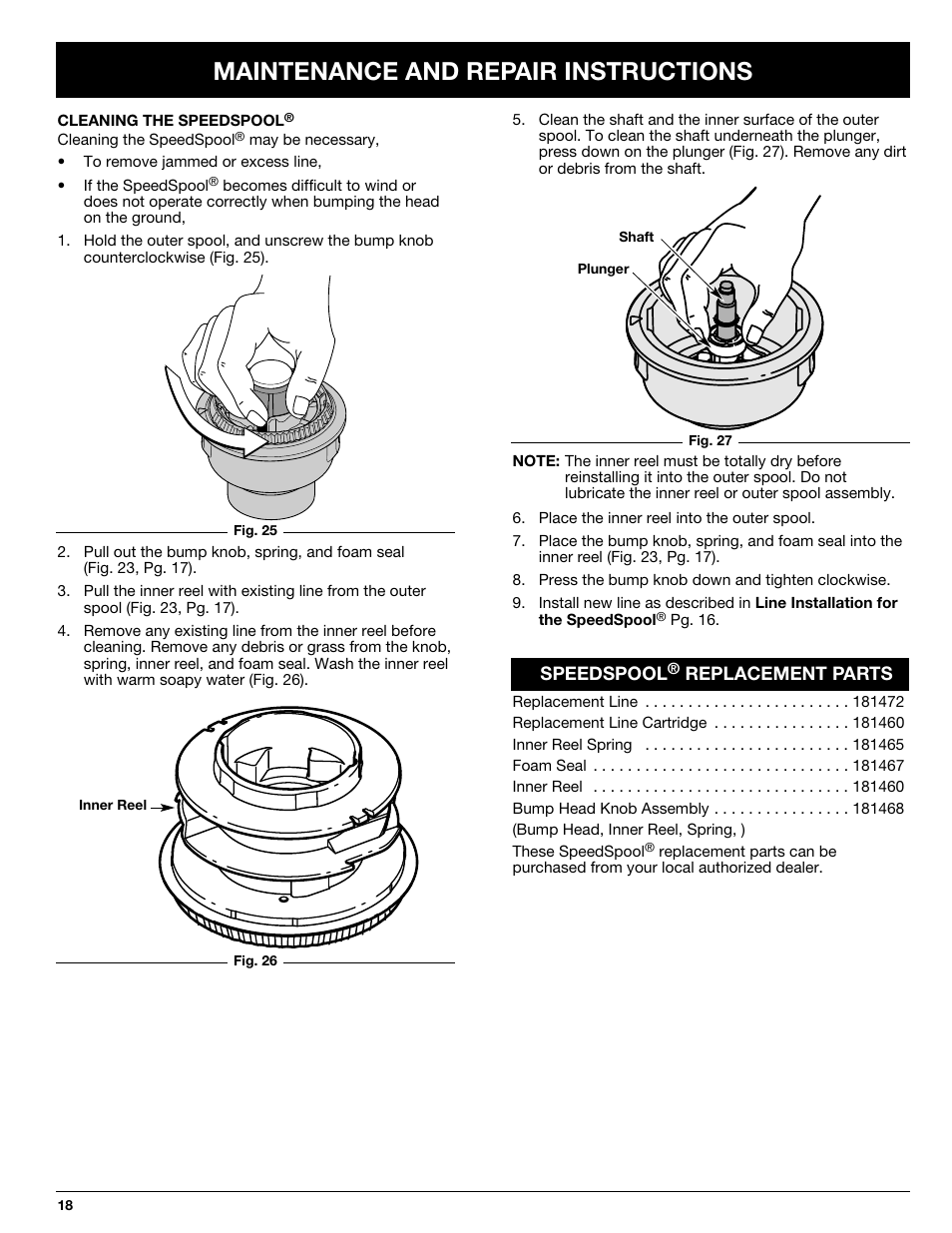 Maintenance and repair instructions | Ryobi 825r User Manual | Page 18 / 30