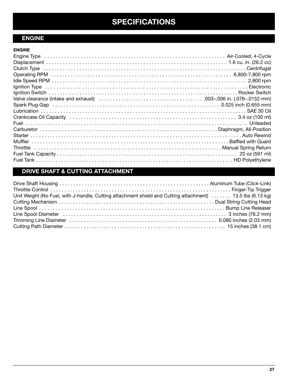 Specifications | Ryobi 825r User Manual | Page 27 / 30