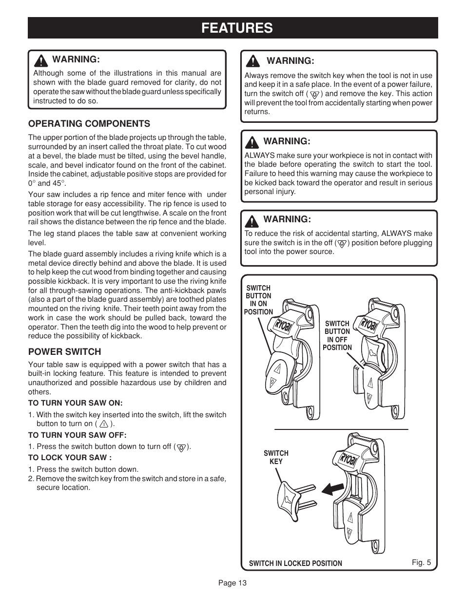 Features | Ryobi BTS15 User Manual | Page 13 / 38