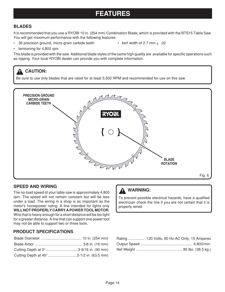 Features | Ryobi BTS15 User Manual | Page 14 / 38