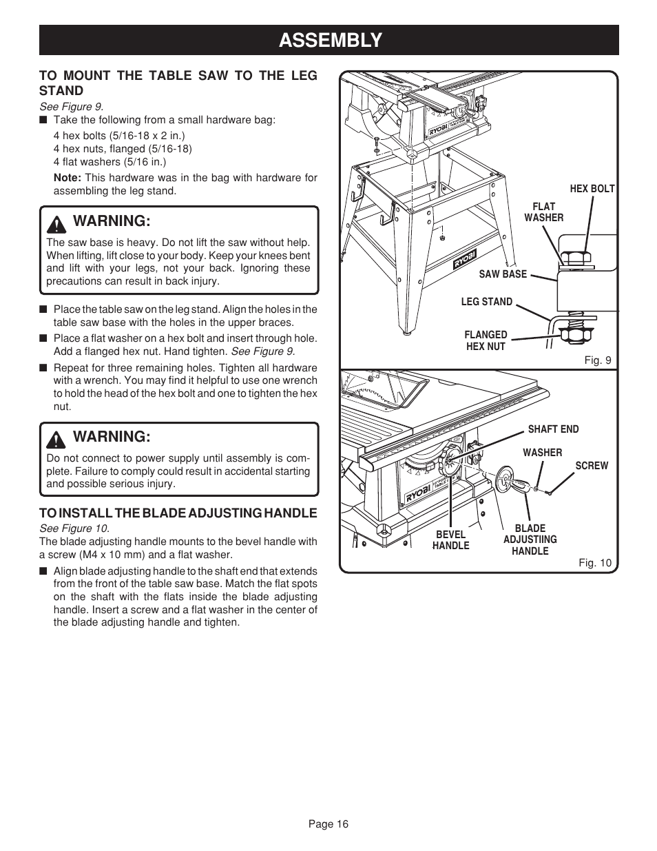 Assembly, Warning | Ryobi BTS15 User Manual | Page 16 / 38